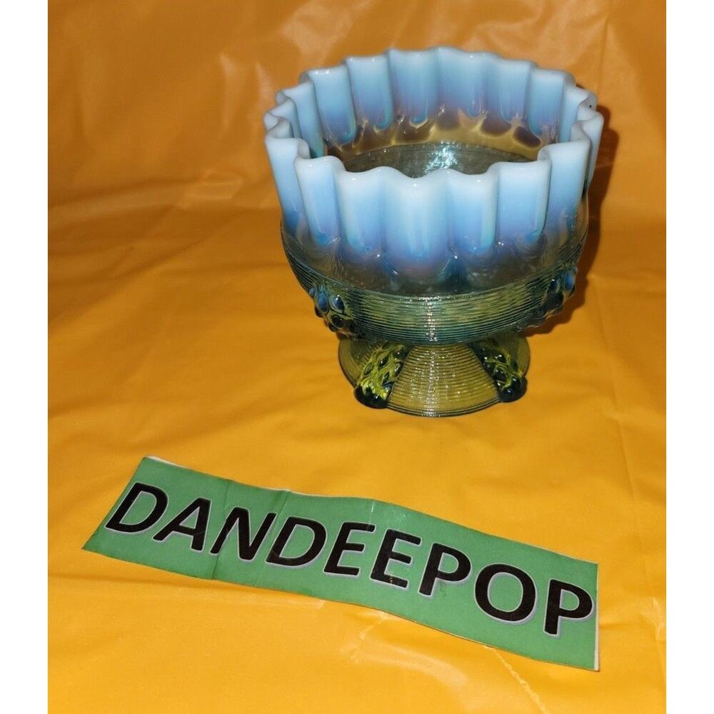 Vintage Northwood Button Panel Blue Opalescent Crimped Top Glass Candy Dish
